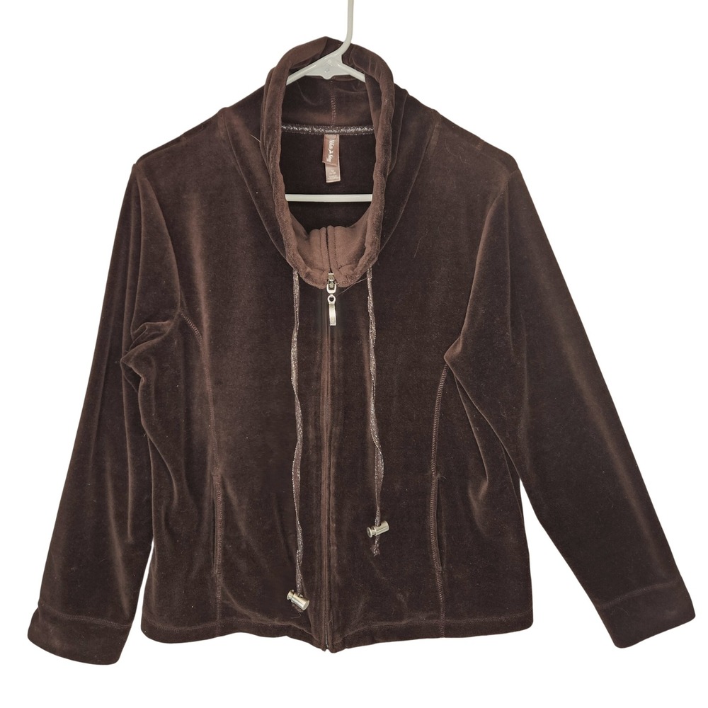 Womens Brown Velour Zip Up‎ Track Jacket Medium Casual Comfort Athleisure Lounge